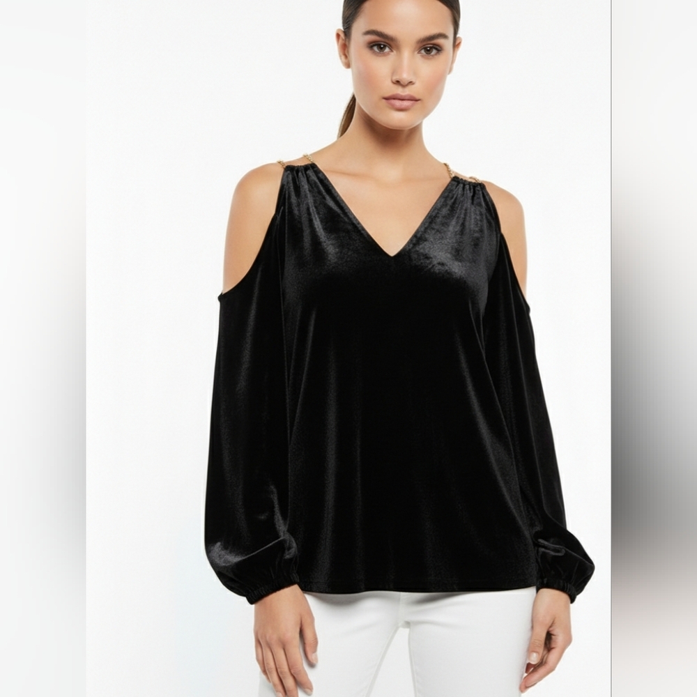 Ramy Brook Black Velvet Cold Shoulder Chain Detail Silk Blend Top - S/P